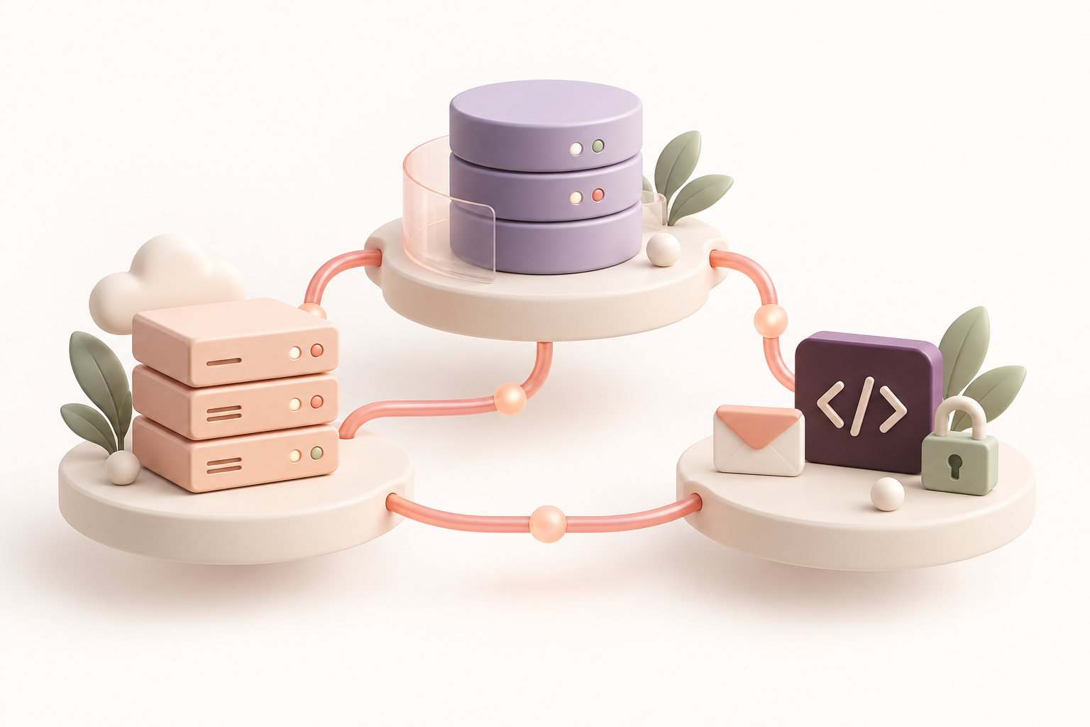 Software-Architektur mit verbundenen Datenbank-, API- und Sicherheitsmodulen.