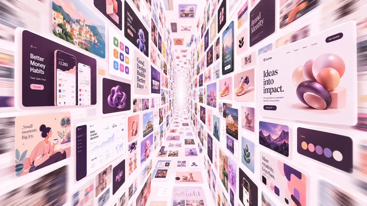 Korridor aus Apps, Websites und kreativen Produktoberflächen in Rosa und Violett.